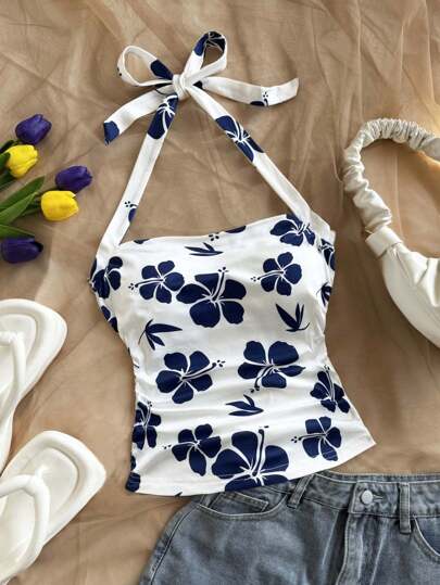 Soleia Camiseta de tirantes ajustada de punto acanalado blanco con estampado de porcelana azul y blanco vintage, adecuada para conjuntos de verano de mujer talla grande