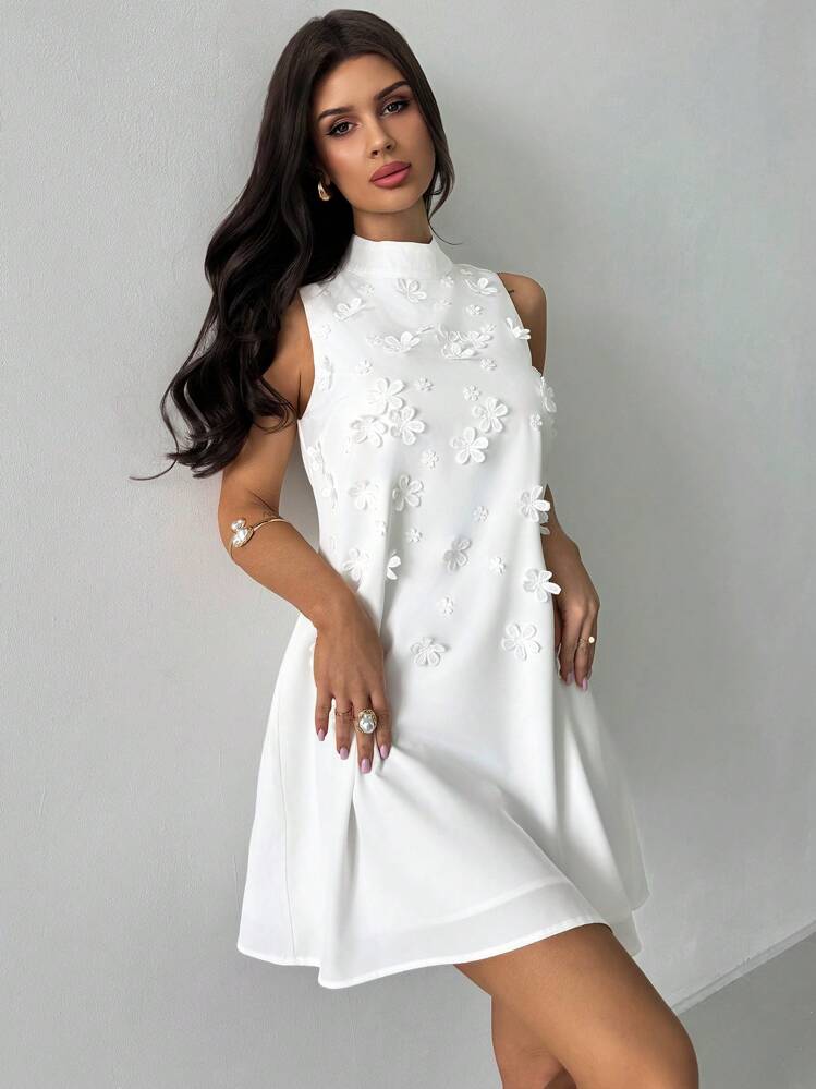 Firerie Vestido Curto Branco Solto com Decote A-Line, Estampa Floral 3D, Sem Mangas, Elegante e Casual, Adequado para Uso Diário e Férias - Branco - Visão 3