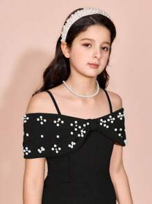 Pitira Pitira Tween Girls' Elegant Black Knit Butterfly Bead Decor Camisole Jumpsuit, Summer - Black - View 6