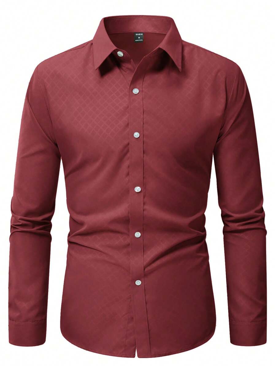 Manfinity Homme Men's Plaid Single Breasted Casual/Office Wear Long Sleeve Shirt - Burgundy - View 1