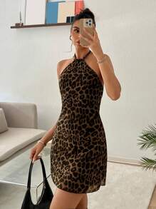 SHEIN EZwear 女式新款豹纹露背A字迷你连衣裙 - 棕色 - 查看 3