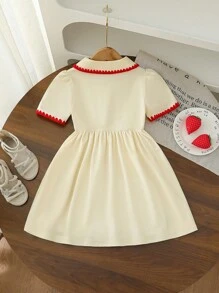 Young Girls' Fashion Solid Color Strawberry Embroidered Lapel Short Sleeve A-Line Elastic Waist Casual Dress, Suitable For Daily Wear, Summer Summer Holiday