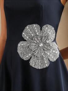 Anewsta 春季、夏季、优雅、商务休闲、假日、节日、约会之夜、毕业女士梭织社交名媛重工工艺烫印立体花朵优雅无袖黑色连体裤夏季、节日、毕业装