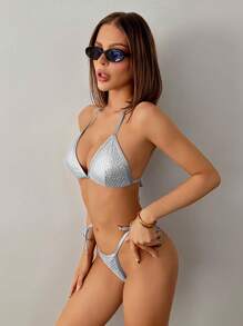 SHEIN ICON Baddräkt med metalliska paljetter för damer för semester och strand - Silver - Visa 4