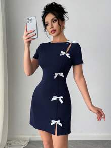 Vestido ajustado con decoración de lazo, de manga corta, elegante, romántico y de estilo para oficina y para mujeres - Azul marino - Ver 2