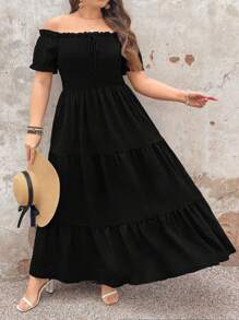 SHEIN CURVE+ Plus Size Women's Elegant Commuter Vintage Casual Fashion Versatile Hot-Selling Textured Frill Trim Bowd Elastic Waist Swing Dress, Black, Spring/Summer/Autumn - Black - View 5