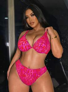 Swim SXY Plus Size Patterned Swimsuit Set, Suitable For Vacation & Beach For Summer - Hot Pink - View 1