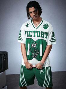 PAVTROS 2pcs Men's T-Shirt & Shorts Set, Green Short Sleeve Tee And Shorts, Oversized Graphic V-Neck T-Shirt, Casual & Sports, Versatile Y2k Clothes Men Y2k Jersey Men Workout Clothes For Men Men Streetwear - Green - View 3