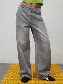 COUREZ 高腰宽松牛仔裤/女士夏季穿搭/Y2K/休闲/纯棉高街复古 - 灰色 - 查看 2