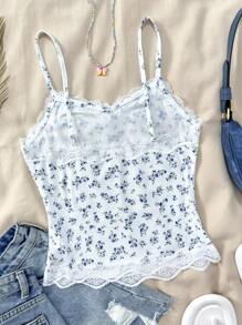 SHEIN Leap Crew Teen Girl Ribbed Knit Tiny Ditsy Floral Pattern Lace Trim Casual, Homewear, Teens, Cute, Vacation, Comfortable Camisole - Multicolor - View 2