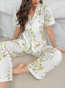 CottageSlumber Printed Collar Short Sleeve Pajama Set With Pants - Multicolor - View 7