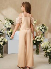 SHEIN Tween-Mädchen Unifarben Off-Shoulder Strickkleid mit floralem Patchwork und enger Passform, elegantes rotes Prinzessinnenkleid