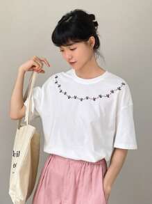 FRIFUL Floral Embroidery Drop Shoulder Tee - White - View 6