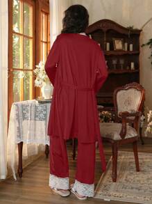 Côtesoire 3 Pieces Elegant Lace Patchwork Women's Pajama Set Holiday Season, Fall Clothes - Burgundy - View 2