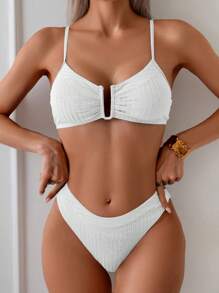 Swim Lushoire Women's Casual Striped Texture Solid Color Bikini Set For Summer Beach Vacation - White - View 4