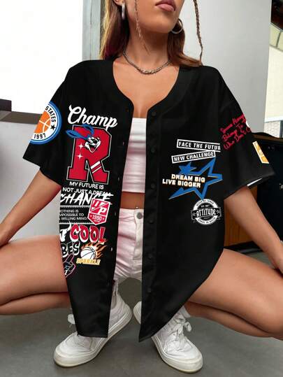 SHEIN EZwear Lös kortärmad skjorta med knappar för kvinnor Baseballjacka, lämplig för sommaren