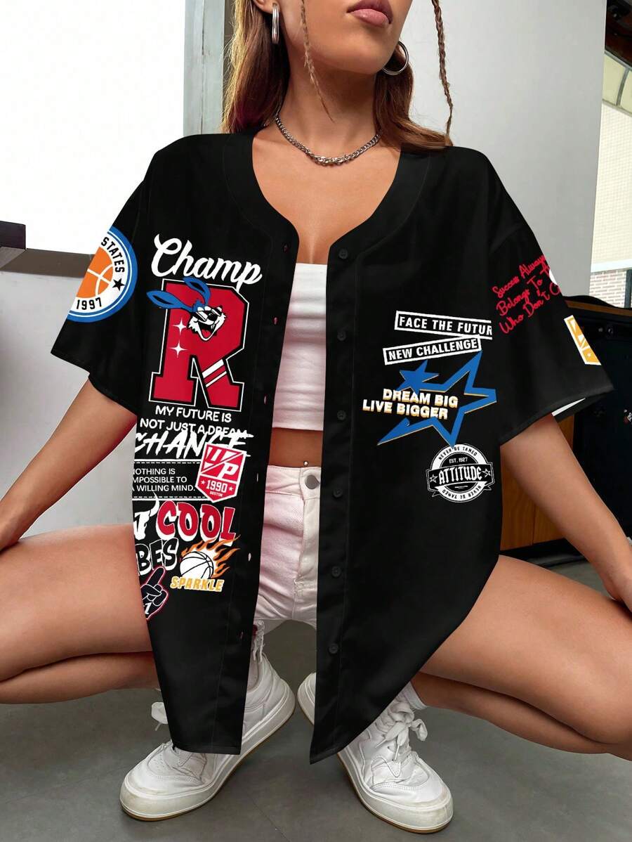 SHEIN EZwear 女士宽松纽扣式短袖衬衫棒球夹克,适合夏季 - 黑色 - 查看 1