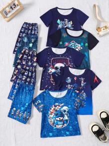 5pcs/Set Toddler Boys Minimalist Cartoon Animal Print Round Neck Short Sleeve T-Shirt And Shorts Pajama Sets - Multicolor - View 1