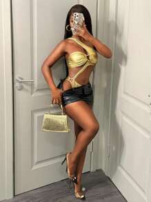 BamGleam 女士镂空性感紧身衣，时尚纯色夏装 - 黃色 - 查看 1