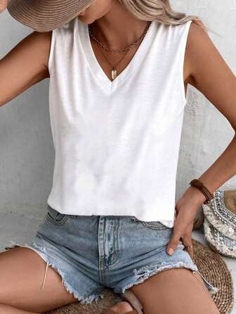 EMERY ROSE Große Größen minimalistische vielseitige Slim Fit einfarbige V-Ausschnitt Trägerhemd, leicht transparent geeignet für den Sommer