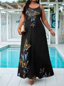 SHEIN Lady   Spring And Summer Casual Beach Spaghetti Strap Ball Gown Cami Dress Plus Size Dresses Plaid Dress African Butterfly Pattern Dress - Multicolor - View 3