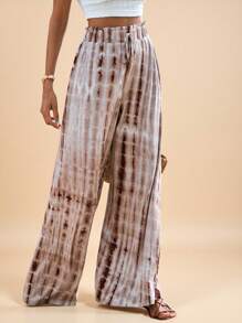 Travachic Vacation High Waist Tie-Dye Knit Wide-Leg Pants With Waist Belt Beach - Khaki - View 4