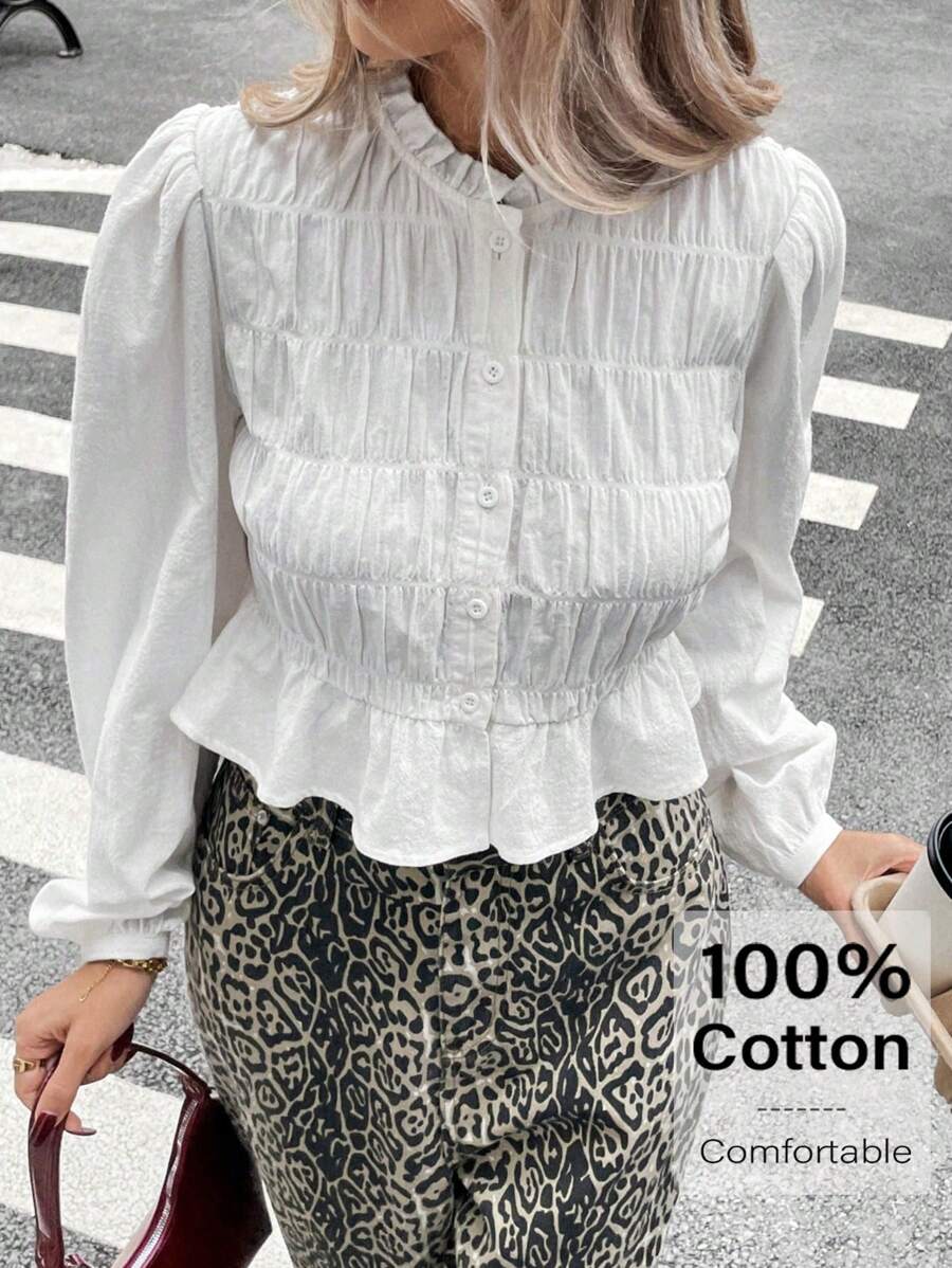 SHEIN Essnce Casual Women's Solid Color Ruffle Bell Sleeve Pleated Single Breasted Blouse