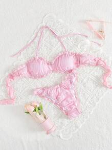 SHEIN Swim Bộ 2 bộ bikini đi nghỉ mát màu hồng trơn cổ chữ V sâu xếp nếp ngọt ngào và gợi cảm cho nữ - Hồng - Xem 1