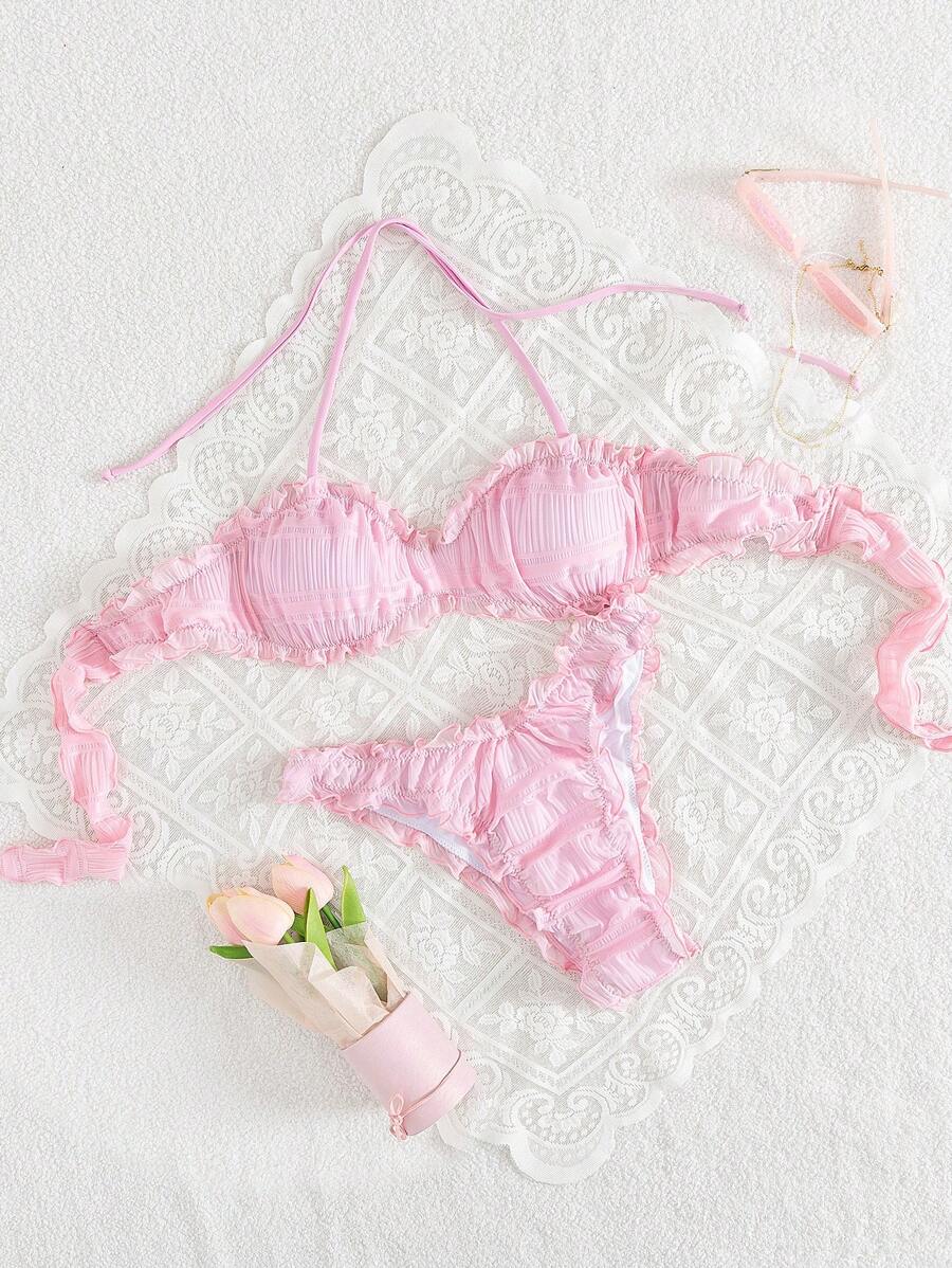 SHEIN Swim Bộ 2 bộ bikini đi nghỉ mát màu hồng trơn cổ chữ V sâu xếp nếp ngọt ngào và gợi cảm cho nữ - Hồng - Xem 1