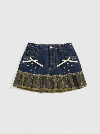 Grunge Punk Y2K Style Leopard Print Pleated Bowknot Accent Super Low Waist Mini Denim Skirt For Women