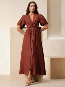 Anewsta Elegant Design Waist Twist V-Neck Short Sleeve Long Dress For Women, Spring Summer Outfits, Classy, Elegant, Beach, Festival, Holiday, Vacation - Burgundy - View 1