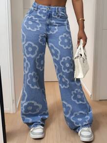 Slaydiva 新款春夏休闲度假花朵图案直筒阔腿超长裤浅洗蓝女牛仔裤-A