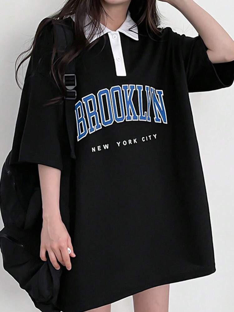 Women's Colorblocked Collar & Letter Printed T-Shirt Summer,Graphic Tees