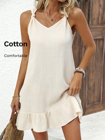 Linhara Women Summer Shoulder Strap Twist Design Solid Color Textured Fabric Ruffle Hem Linen  Dress