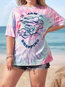Shark Week X SHEIN 大码夏季Y2K简约修身休闲锐舞节海滩度假扎染卡通印花圆领短袖T恤 - 彩色 - 查看 5
