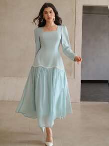 DAZY 女式二合一亮片蕾丝边中长连衣裙女式休闲连衣裙女式连衣裙生日工作秋季连衣裙女式加大太阳裙女式加大服装商务休闲长袖连衣裙