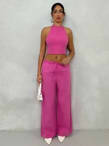 Glamine 2pcs/Set Women Summer Cotton Solid Color Halter Backless Strap Camisole & Casual Pants Outfit, Suitable For Outing, Vacation, Beach, Holiday Attire - Hot Pink - View 5