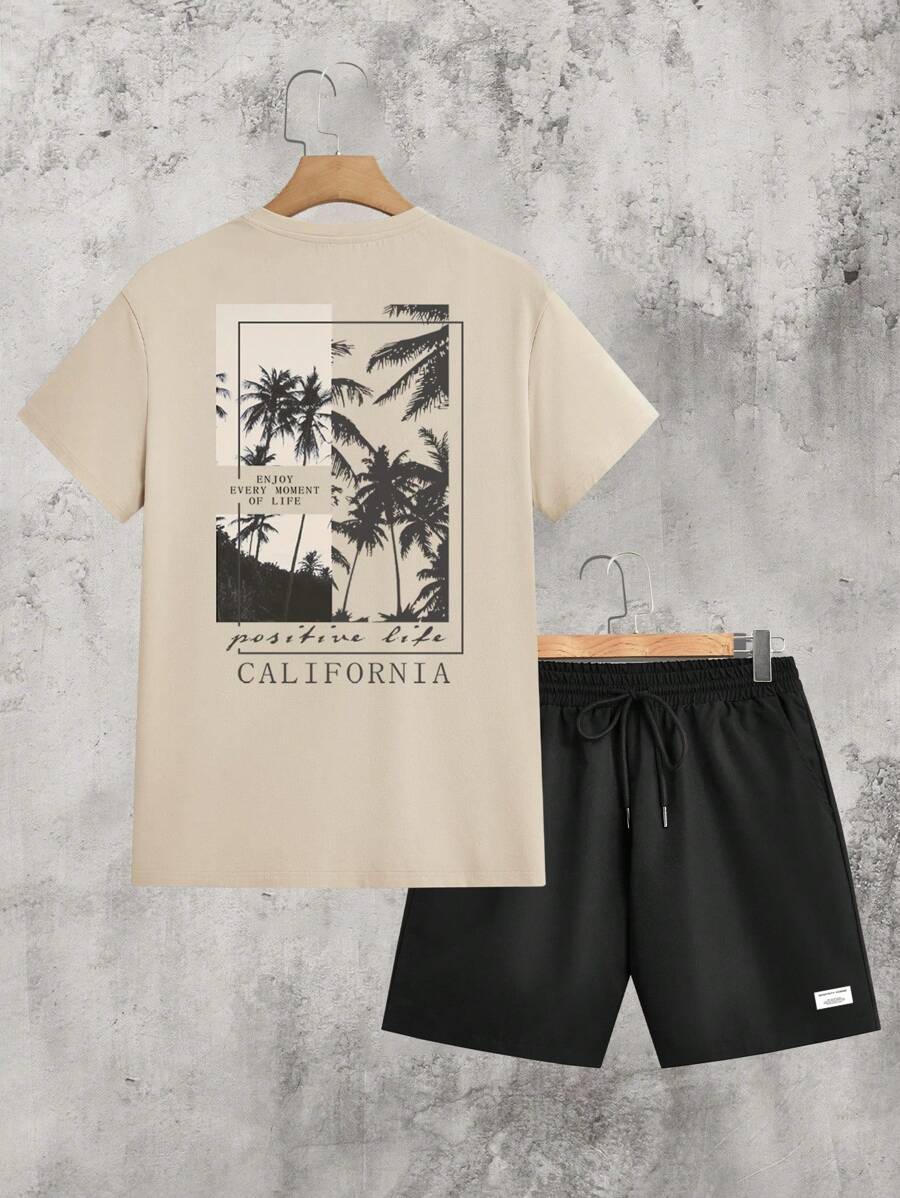 Manfinity Homme طقم تي شيرت وشورت كاجوال للرجال مع طباعة أشجار النخيل والحروف، مقاس قياسي، ملابس علوية بلون كاكي وأسفل بلون أسود، ملابس مريحة