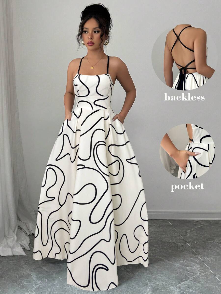 Elenzga 女式露背交叉肩带波尔卡圆点印花连衣裙 - 白色 - 查看 1