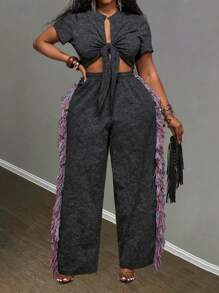 Slaydiva Conjunto de 2 piezas para mujer 2025 Nuevo, Vacaciones, Pascua, Graduación, Rave, Festival, Concierto, Fiesta de Cumpleaños, Casual Sexy: Top corto de manga corta con nudo delantero y pantalones largos holgados tipo maxi con bloques de color y flecos, Talla Grande Negro