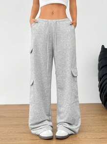 Muchica Women's Light Grey Knitted Fabric Long Sweatpants With Pockets And Drawstring Waist - Light Grey - View 1