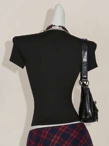 SHEIN ICON Fashionable Rhinestone Skull Deep V-Neck Short Sleeve T-Shirt For Summer - Black - View 2