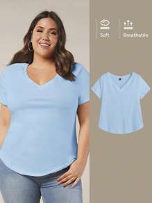 SHEIN BASICS Camiseta de manga corta con cuello en V de unicolor talla grande, simple y de moda para el verano - Azul - Ver 5