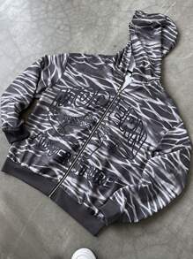 Manfinity EMRG Men's Zebra Stripe Letter Print Hoodie Sweatshirt - Grey - View 1