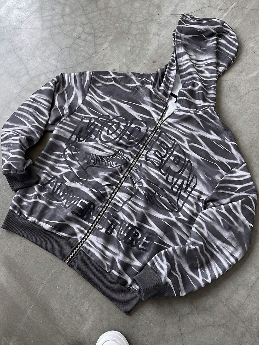 Manfinity EMRG Men's Zebra Stripe Letter Print Hoodie Sweatshirt - Grey - View 1