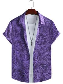 Manfinity Homme Áo sơ mi nam tay ngắn, thời trang mùa hè - Màu tím - Xem 4
