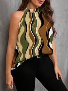 SHEIN Clasi 大码女式度假风格优雅线条条纹印花休闲露肩吊带背心