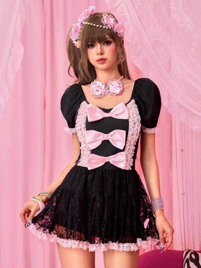 Kawaii Damen Y2K Gyaru Harajuku Puffärmel Spitze Patchwork Mini Kleid