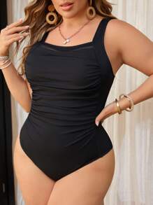 SHEIN Swim Curve Plus Size Women Black Fashion Casual Holiday One-Piece Swimsuit For Summer Beach Vacation