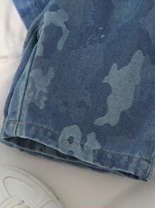 SHEIN 3-Piece Set Boys Jacquard Denim Washed Outfit With Simple Round Neck White T-Shirt, Fashionable Style, Special Fabric Design, Suitable For 4-7 Years Old Boys Daily Life, Travel, Party, Leisure In Spring And Summer - Blue - View 7